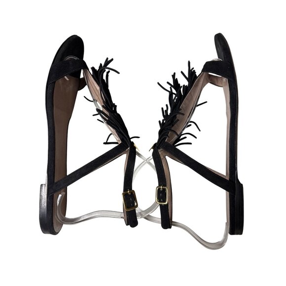 Chloe Sandals Size 39 / 9 Black Suede Fringe Ankle Straps Flats Gold Accent - Picture 8 of 11